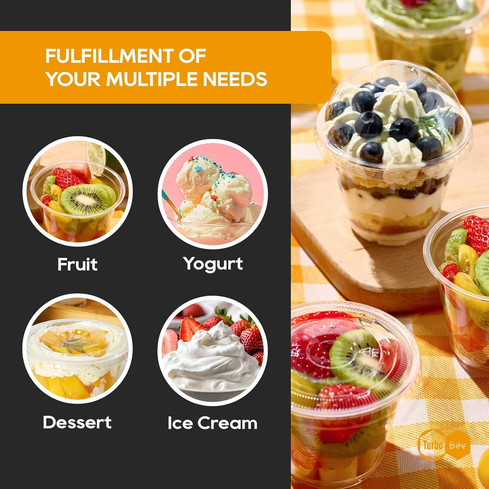 Turbo Bee 200 Pack 9 OZ Clear Plastic Cups with Flat Lids, Disposable Dessert Cu