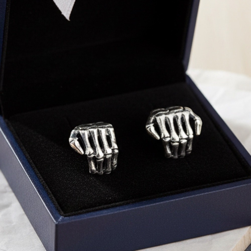 Mens Sterling Silver .925 Skeleton Hands Stud Earrings
