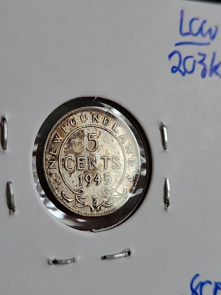 1945 Newfoundland Five Cent, AU Condition! Silver! Low Mintage!