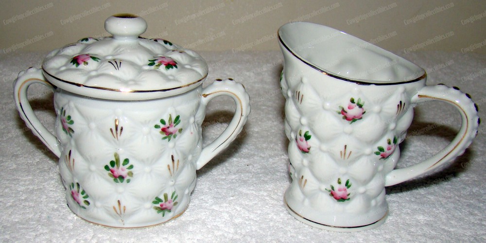 Enesco QUILTED ROSE Cream & Handled Sugar Dish - Japan - 3pcs