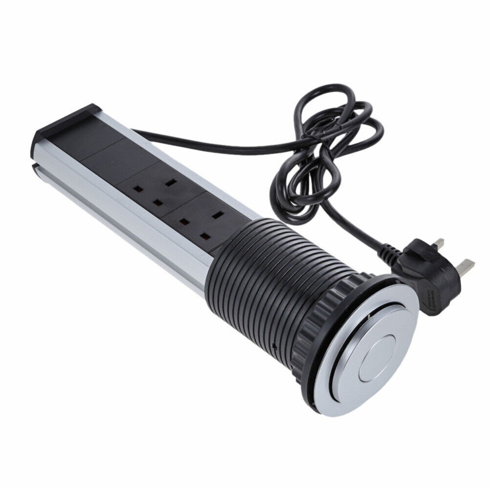 Pull Pop Up Socket Power Strip Tower UK Plug 2 USB Desk Extension Kitchen Office