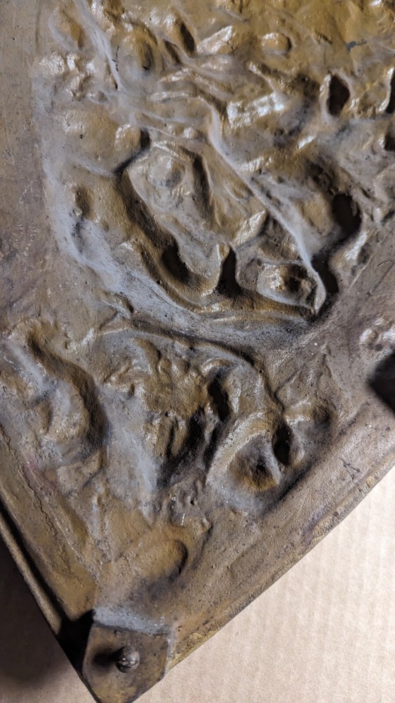 HEAVY Vintage Cast Iron Shield With Battle Scenes Mid - CRACKED LOOK