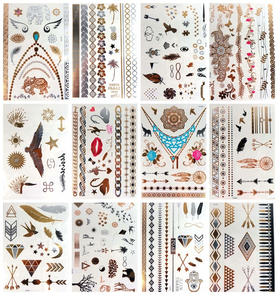 20 large sheets rose feather boho retro mixed designs flash tattoo metallic gold