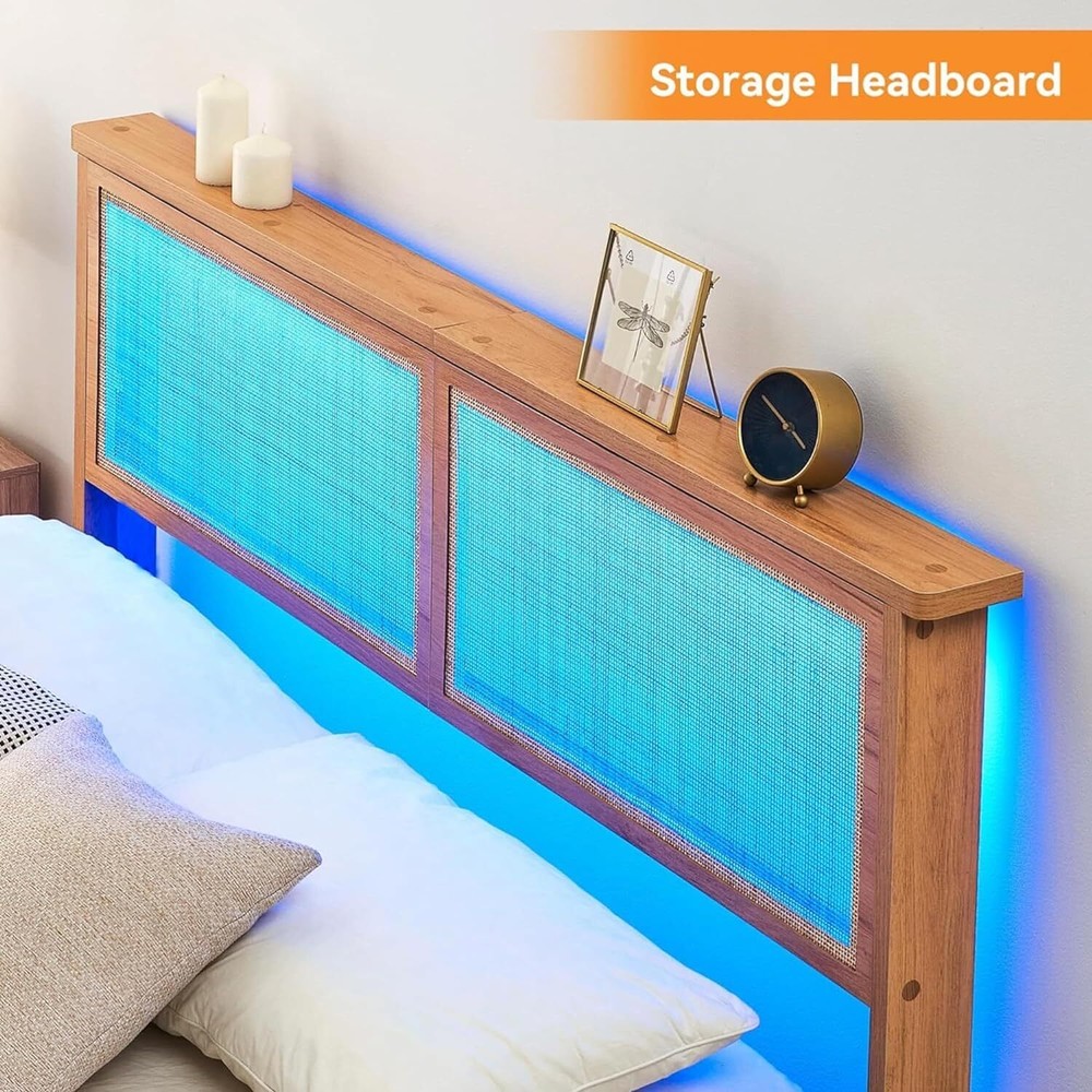 Rattan Queen Platform Bed Frame with Rattan Headboard and Led Light Slat Support