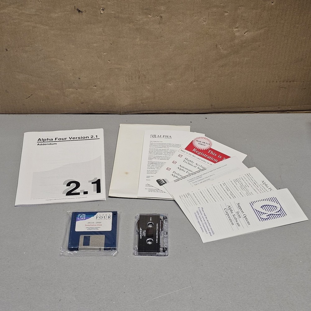 Alpha Four Version 2.1 Database Software Floppy Disk Manuals Tape Complete