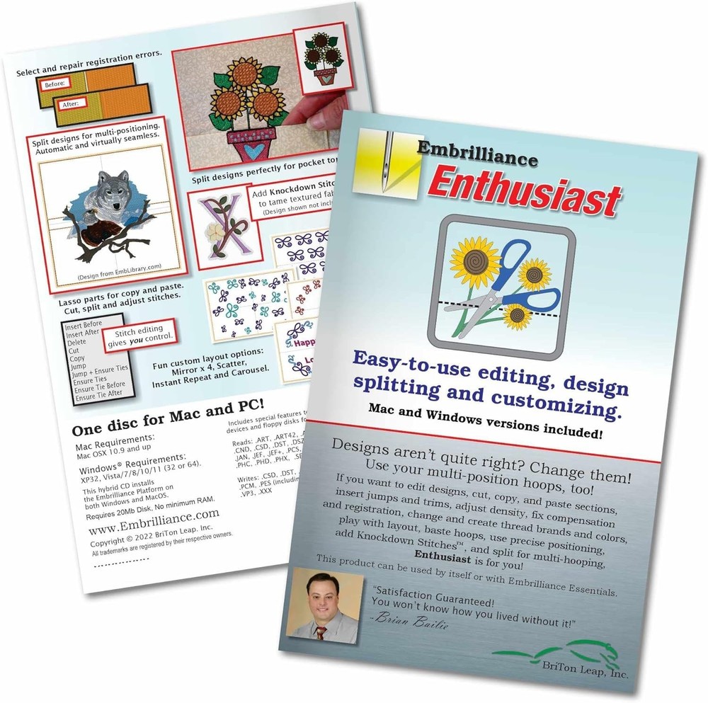 EMBRILLIANCE ENTHUSIAST EMBROIDERY SOFTWARE EDIT, SPLIT DESIGNS CUSTOMIZE