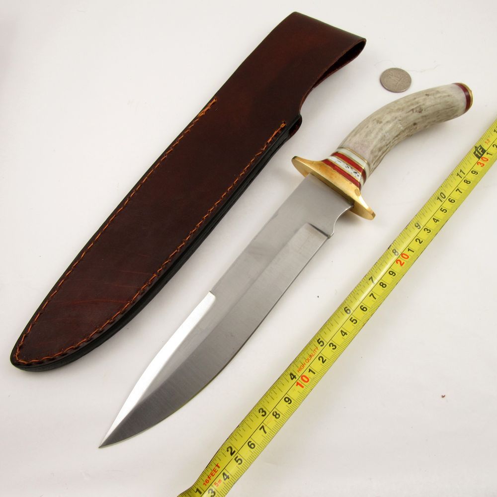 FIXED-BLADE BOWIE KNIFE | 13" Stag Handle Brass Frontier Blade w/ Leather Sheath