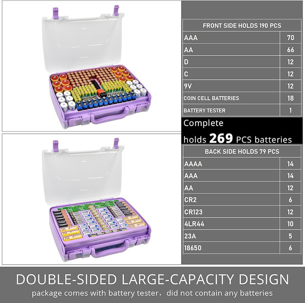 Battery Organizer Storage Holder Box Case with Tester 269 Batteries Double-Sided