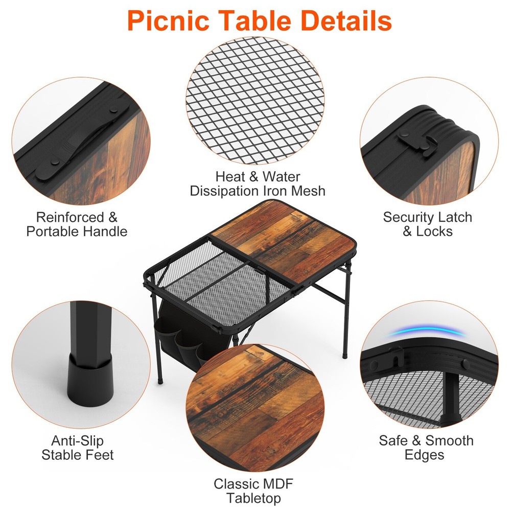Camping Table Collapsible Aluminum Grill Stand BBQ Table Storage Net Adjustable
