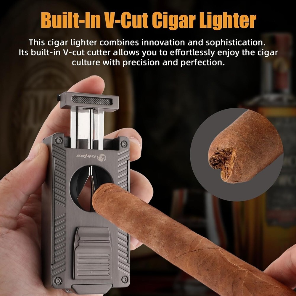 Cigar Torch Lighter, All-in-1 Cigars Lighter Built-in Holder , Double Jet Flame