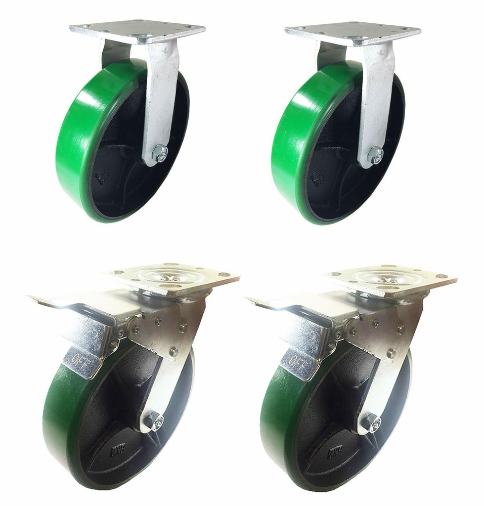 Total Lock Brake Caster Set Polyurethane on Cast Iron (Green) 5" 6" 8"