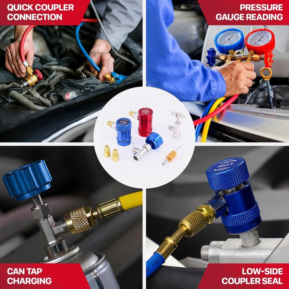 R1234yf Quick Coupler & Can Tap Kit, AC Recharge Tool Set with Self-Sealing & Pu