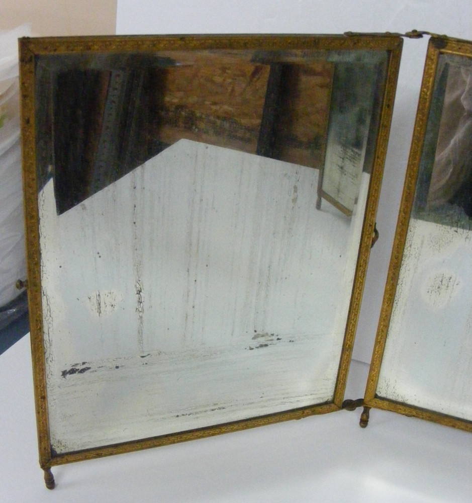 Vintage 1920's Hinged Triple Mirror for Dressing Table Brass & Leather Tooled