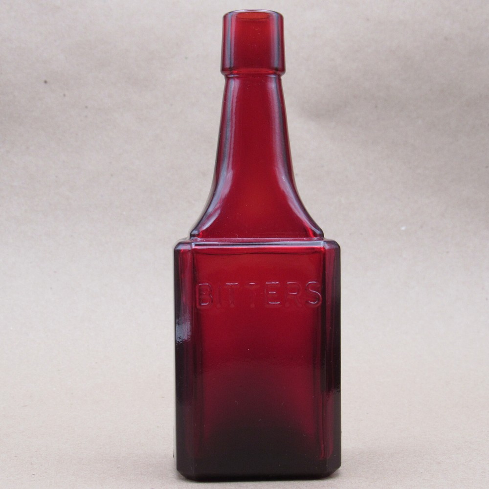 Wheaton Bottle, Ruby Red Bitters, 6" Rectangle Base, Embossed Text, Vintage NJ