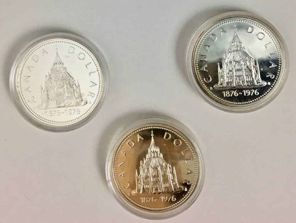 (3 lot) *WORLD COINS* uncirculated 1976 dollars "CANADA SILVER SET"
