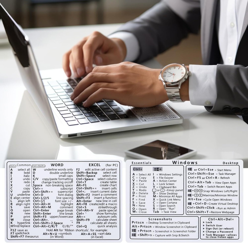 2 Pcs Laptop Shortcuts Stickers, Word/Excel Quick Reference Guide White