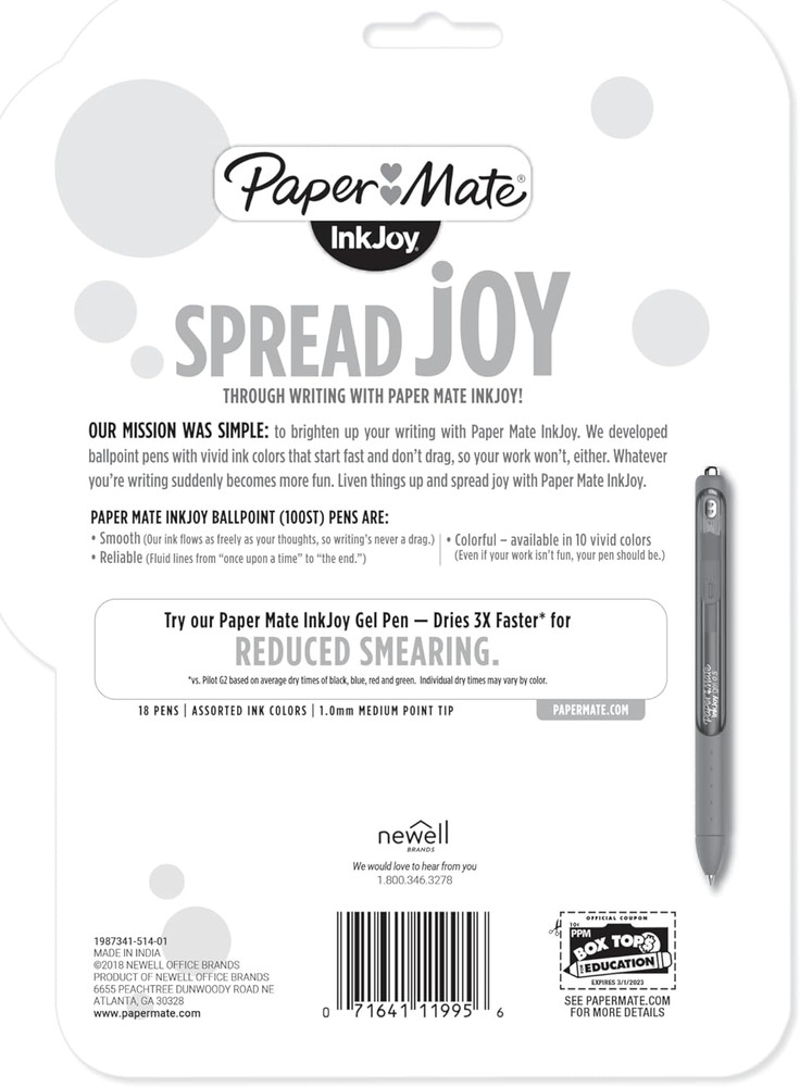 Inkjoy 100ST Ballpoint Pens, Medium Point (1.0Mm), Assorted, 18 Count