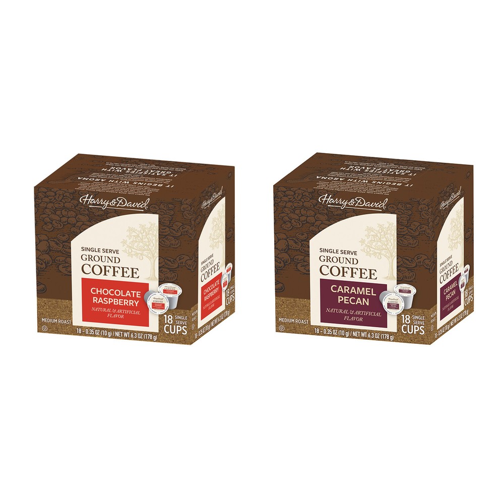 Harry&David Coffee Combo,Chocolate Raspberry, Caramel Pecan 2/18 ct boxes