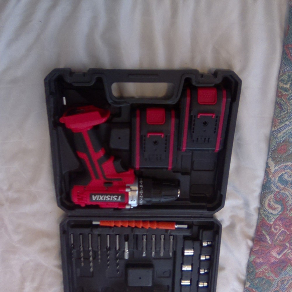 TSISIXIA 21V Cordless Drill Set, 2 Batteries, Drill Bits, Socket Connectors, Red
