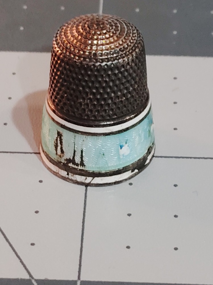Antique Sterling Silver & Enamel Thimble   Color Blue And White