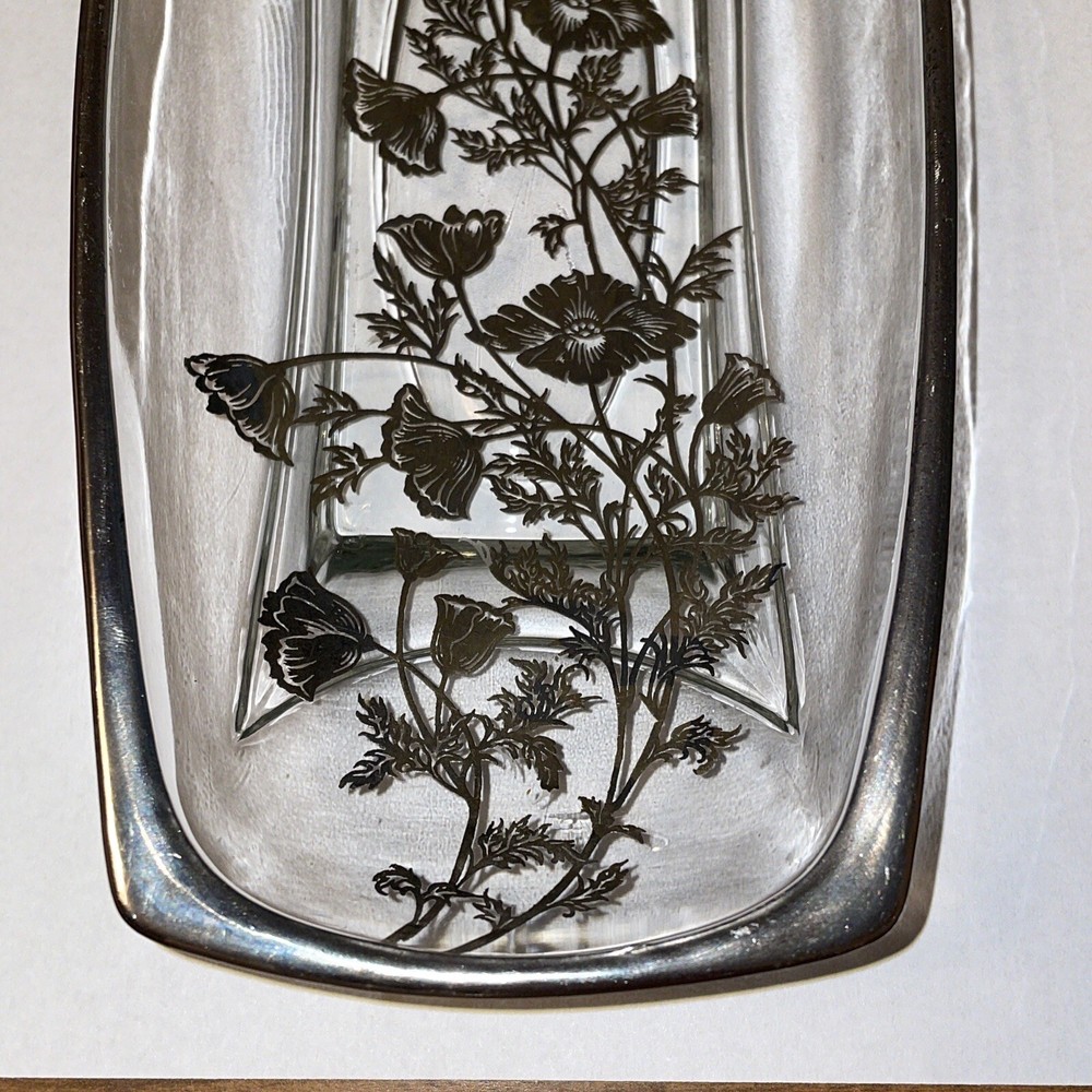 Vintage Flanders Silver Floral Overlay Rectangular 9” Condiment Dish *FLAWED*