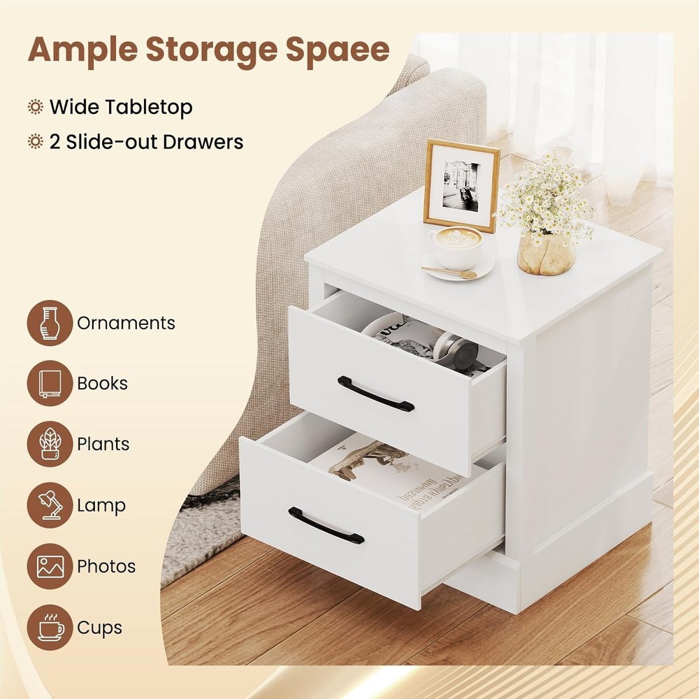 Modern Nightstand Wood Bedside Table W/ 2 Storage Drawers Compact Floor Night