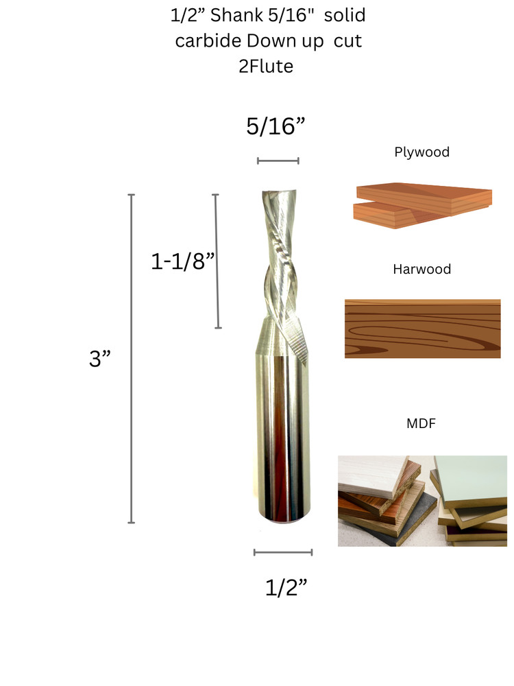 5/16" Solid Carbide Router Bit 2-Flute 1/2" Shank CNC Woodworking Tool