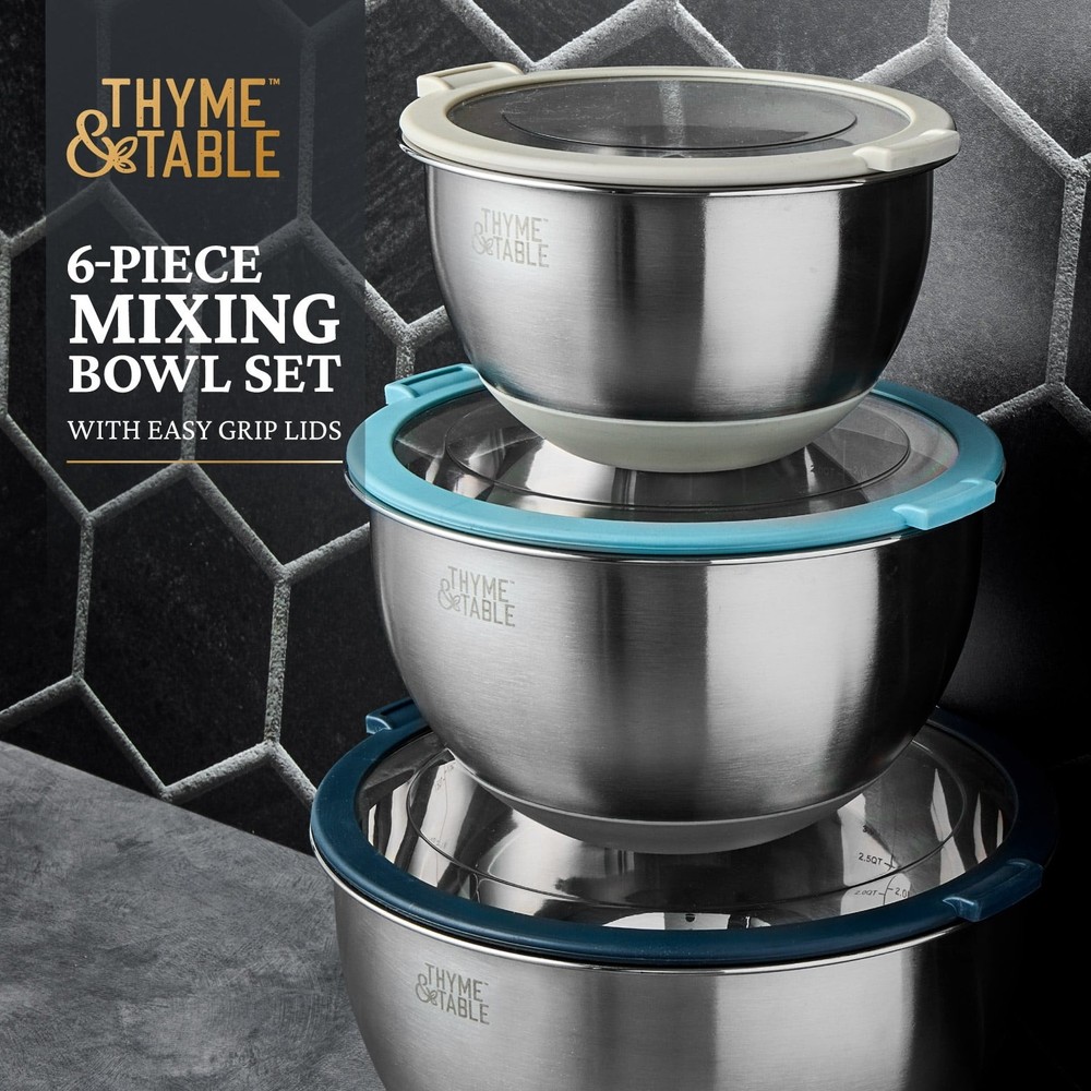 Thyme & Table 6-Piece Nesting Mixing Bowl Set with Easy Grip Transparent Lids