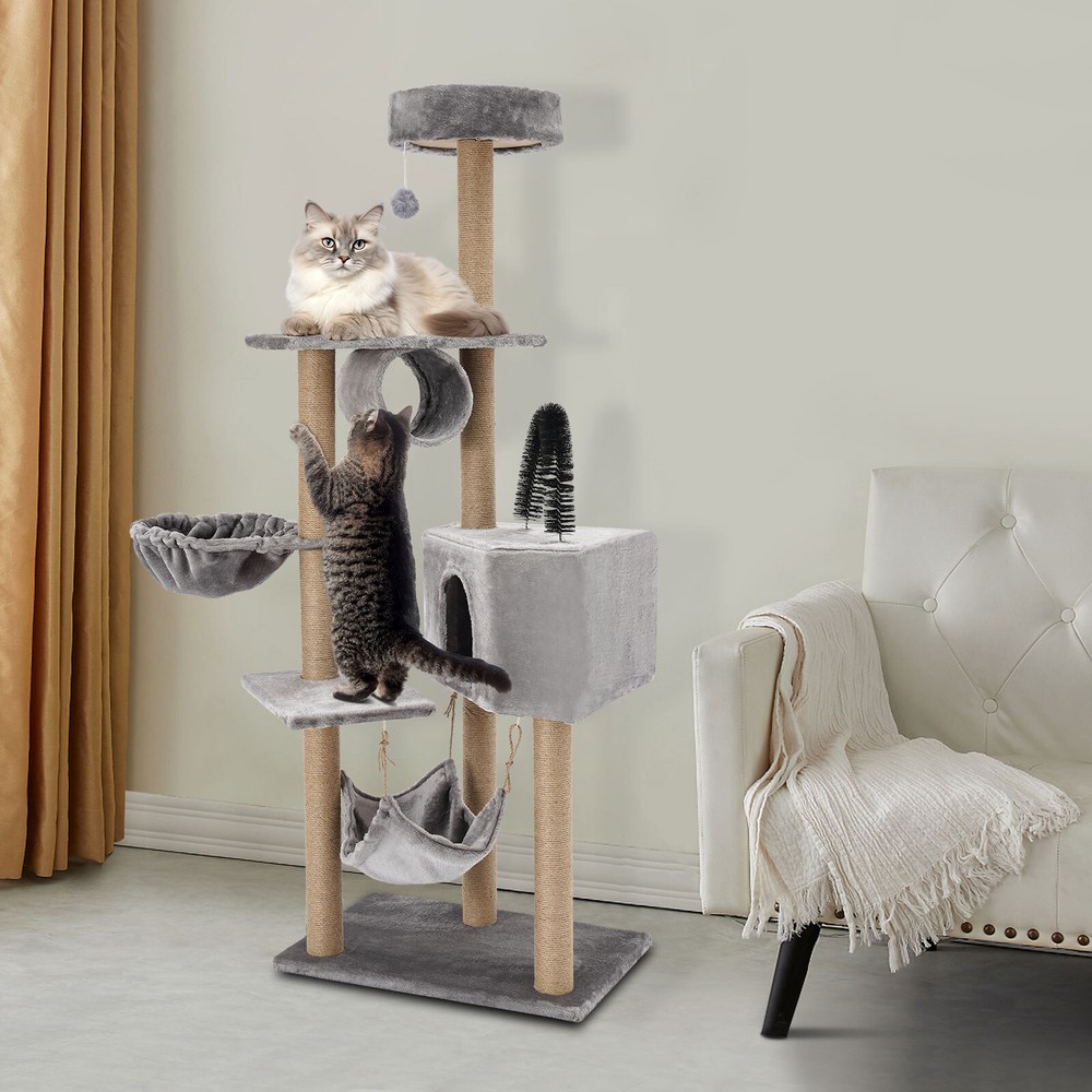 Floor Standing Scratching Post Multi-Level Cat Tower Climbing Frame Silvery Grey