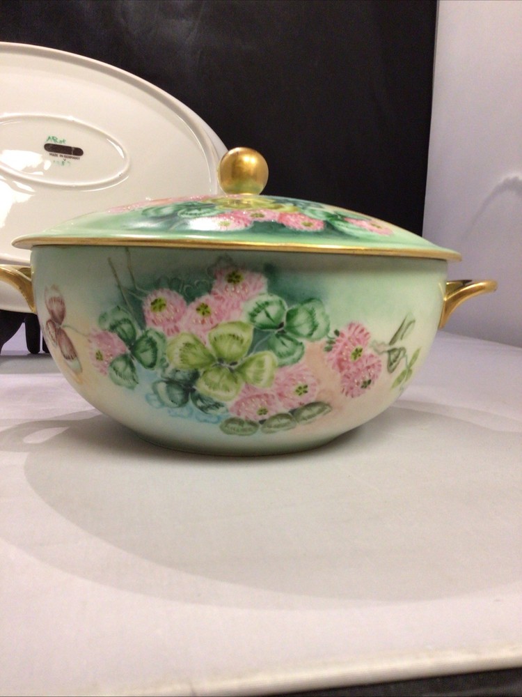 Germany 1957 Hand Painted Covered Bowl & Platter Signed M Roe