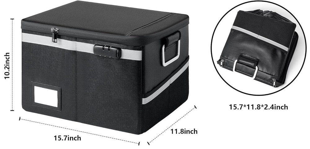 Fireproof Waterproof Document Box with Lock - Portable File Organizer (Black)