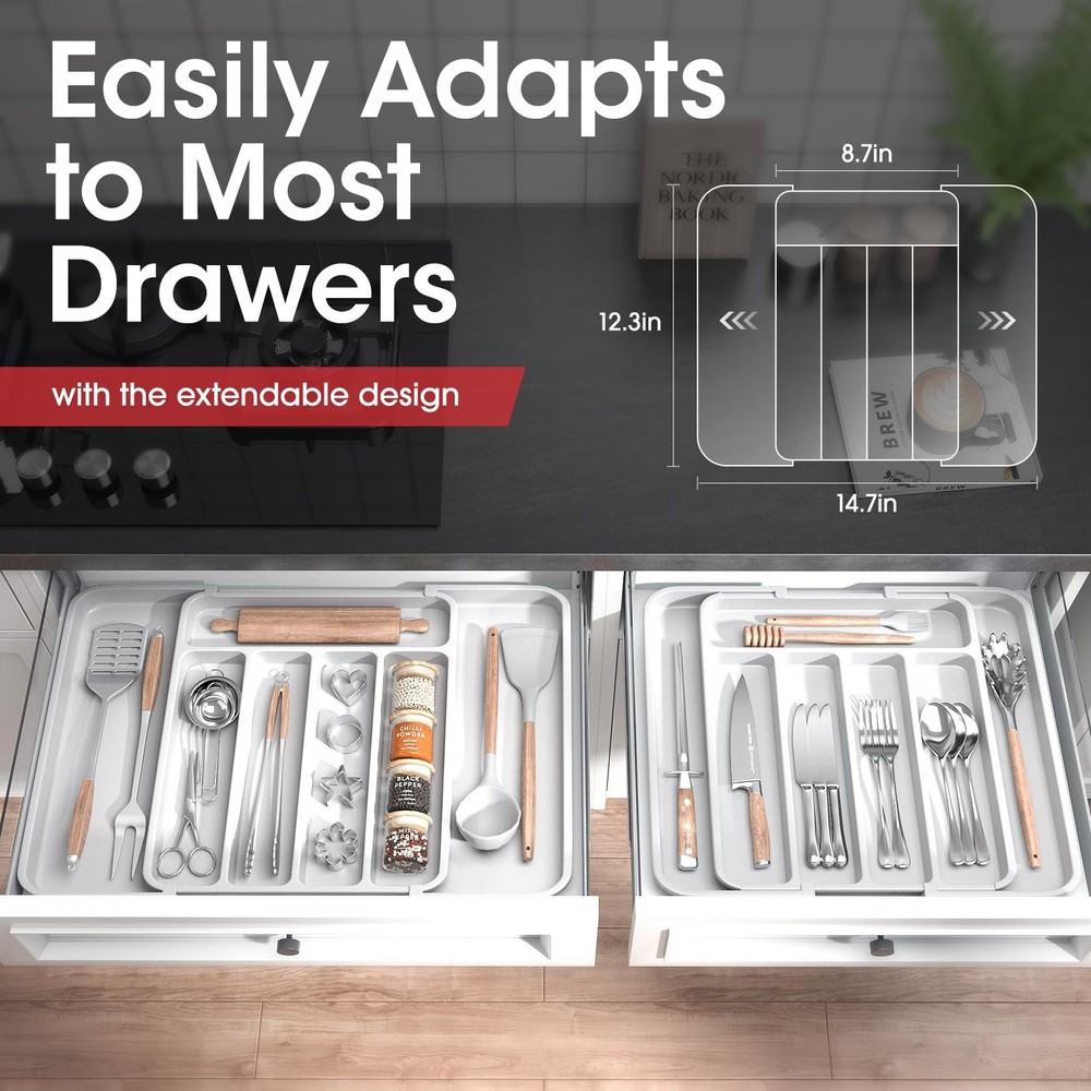 Aujen Silverware Organizer - Expandable Kitchen Drawer Medium, White