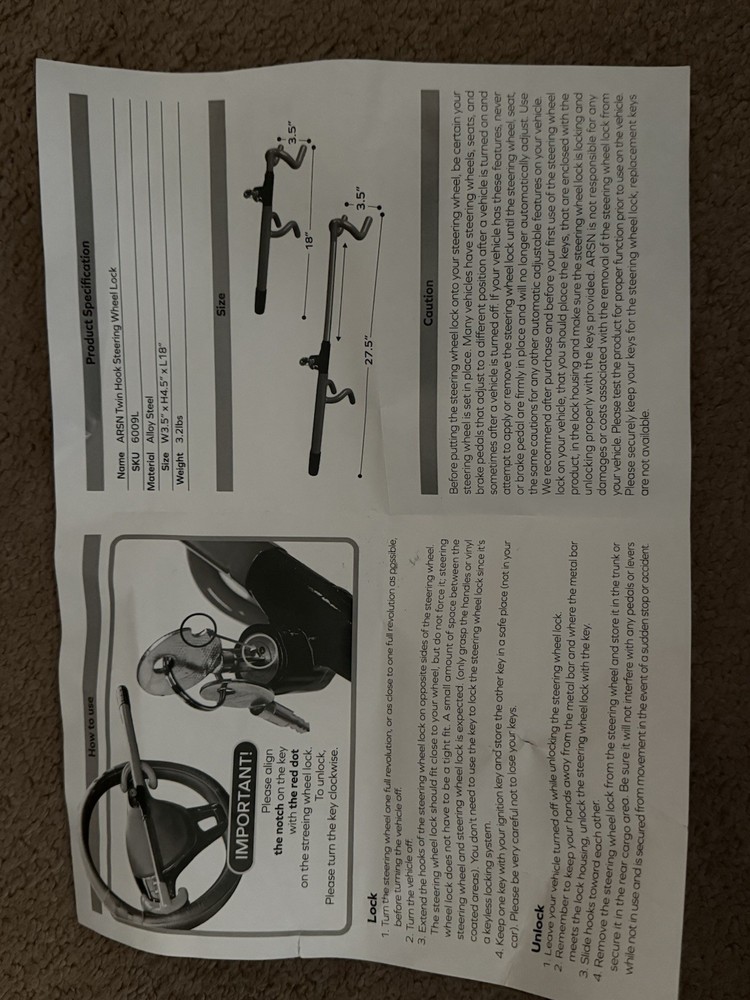 Steering Wheel Lock with Keys