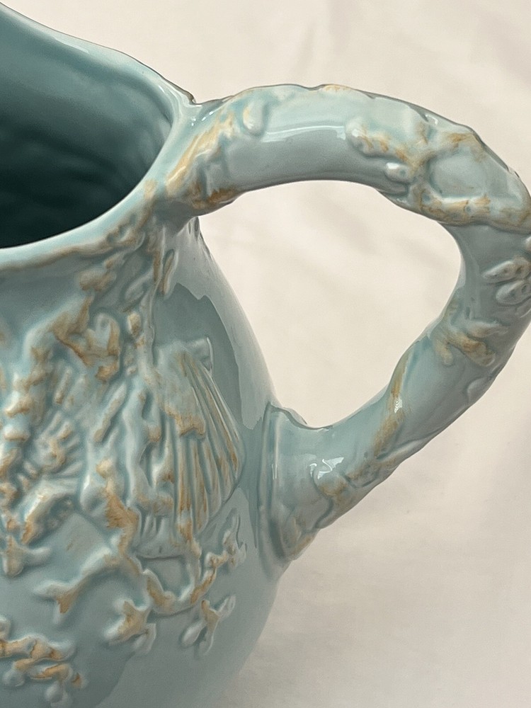 Blue Sky Clayworks Seashell Pitcher Distressed Blue Ceramic 8" Tall 2007