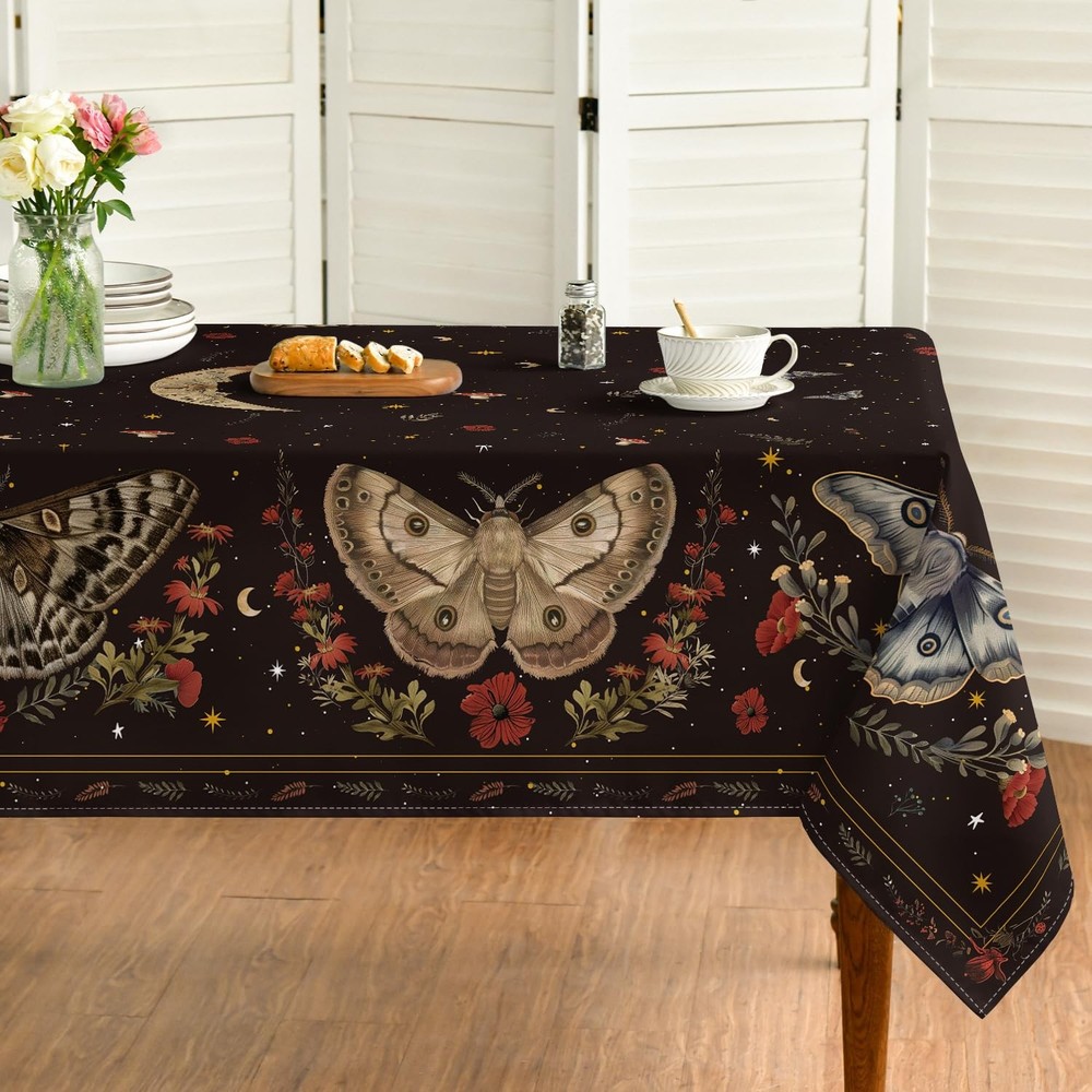 Horaldaily Butterflies Stars Moon Tablecloth 60×84 Inch Rectangular, Black Gothi
