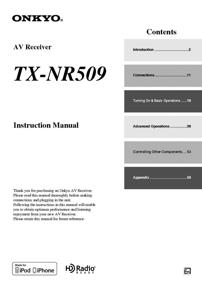 Onkyo Integra TX-NR509 Receiver Owners Instruction Manual