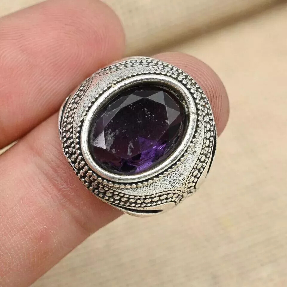 Statement Amethyst Gemstone Ring 925 Sterling Silver Men's Ring All Size D62