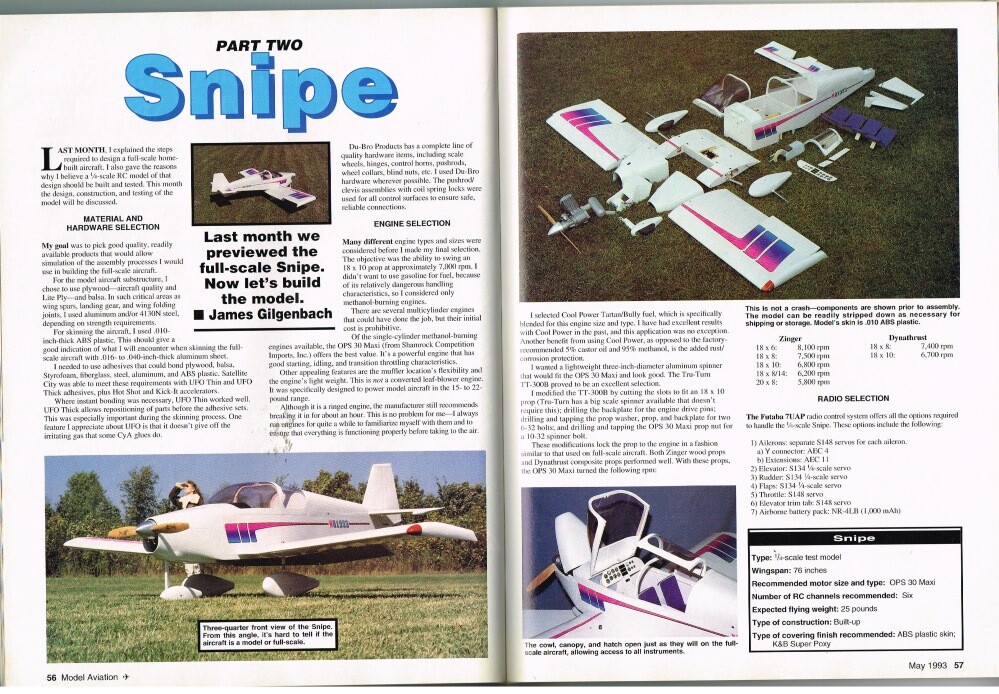 MODEL AVIATION Magazine May 1993 Snipe part 2: RC Scale
