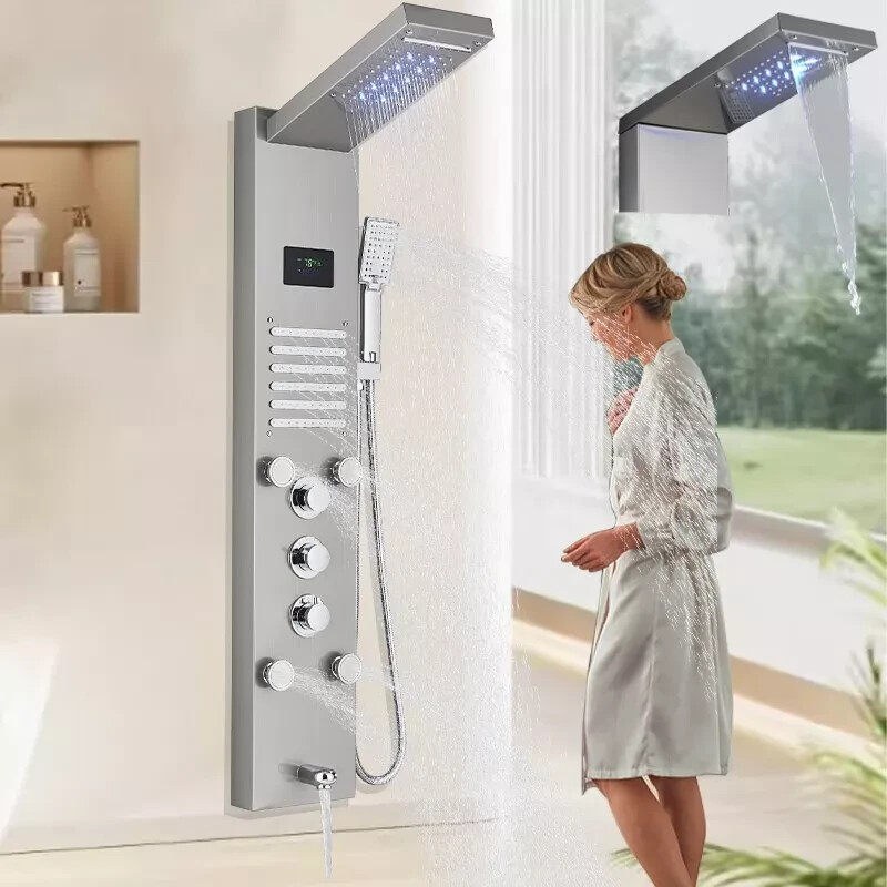 LED Shower Panel Tower System Water&Rainfall Massage Jet System Brushed Nickel