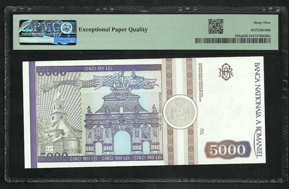 Romania : 5000 Lei 1993 ; PMG : Gem UNC 65 ; EPQ (Ref 1871)