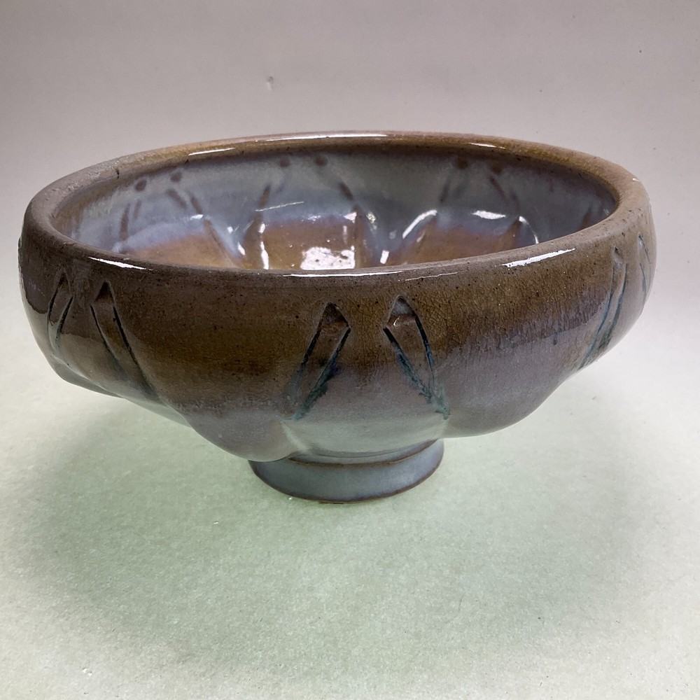 Studio Pottery Footed Geometric Design Planter Blue over Earth Tones