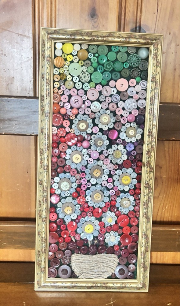 Handmade Button Beautiful Art On Repurposed Frame 10 X 22