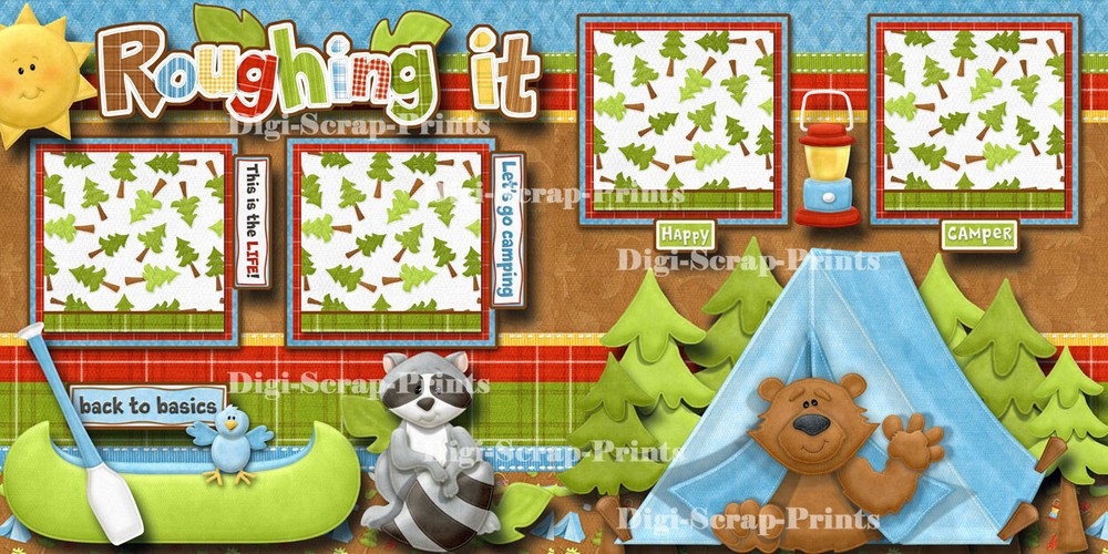ROUGHING IT camping premade scrapbook pages paper piecing layout DIGISCRAP A0130