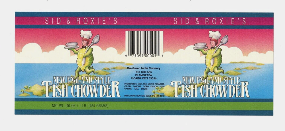 SID & ROXIES ISLAMORADA GREEN TURTLE CANNERY FISH CHOWDER LABEL FLORIDA KEYS