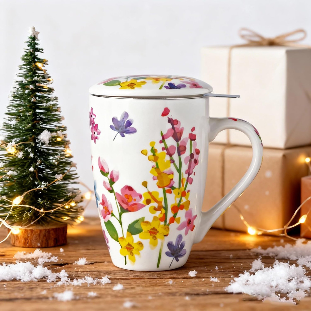 Tea Mug with Infuser and Lid, 18 Ounce Large Ceramic Loose Leaf Cup, Micr