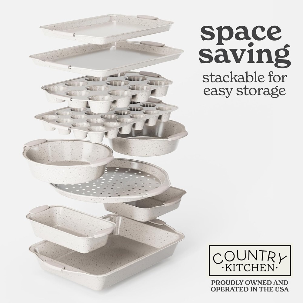 Country Kitchen Nonstick Stackable Bakeware Set - Durable, Easy 10 Pcs, Cream