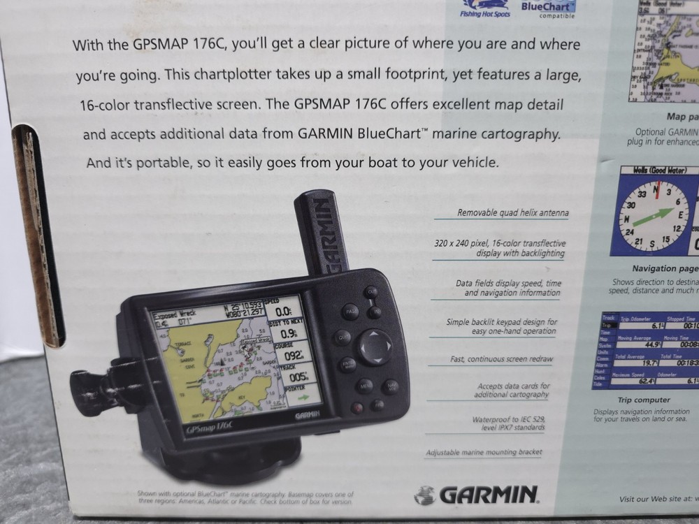 GARMIN GPSMAP 176C Color Marine Chartplotter w/ Cables, Manual, Box, Data Card