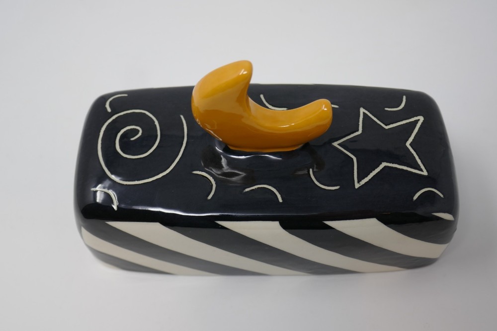 Robin Spears Whimsical Stars Moons Ceramic Butter Dish RARE