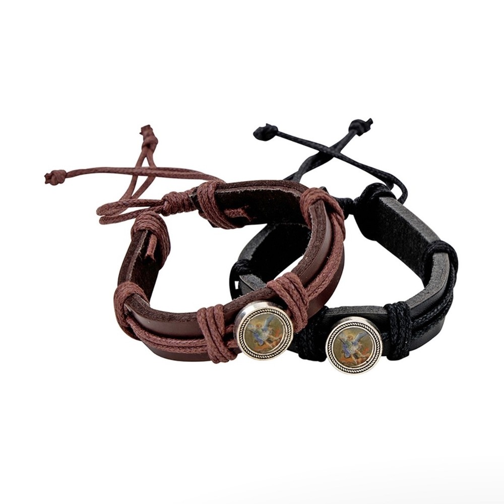 Saint St. Michael Leather Bracelets Brown Black San Miguel Pulsera