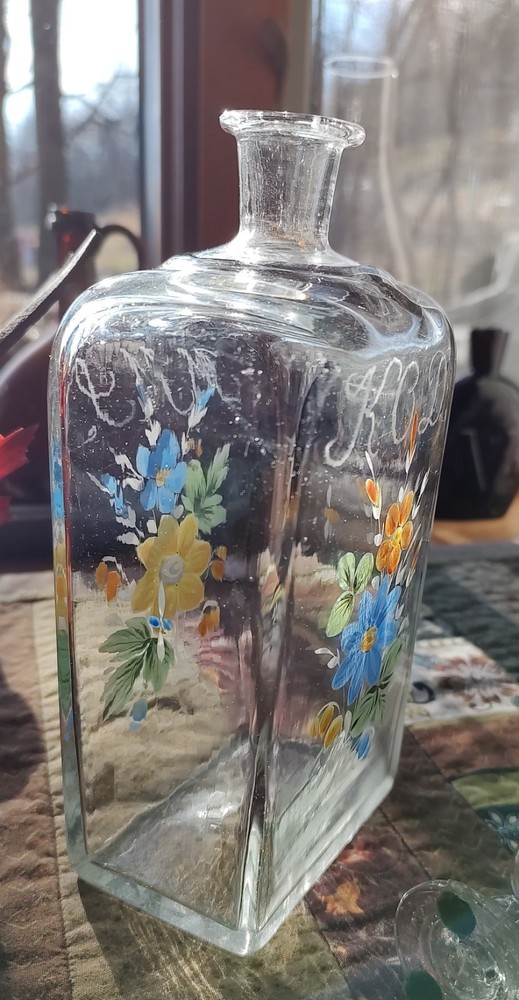 Stiegel Style Half Post Blown Enameled Case Bottle & Hand Blown Cup, 1863